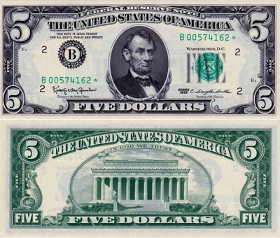 ✯  VERY RARE 1963 UNCIRCULATED $5 FIVE DOLLAR BILL FEDERAL RESERVE STAR NOTE ✯ - Image 1 of 4