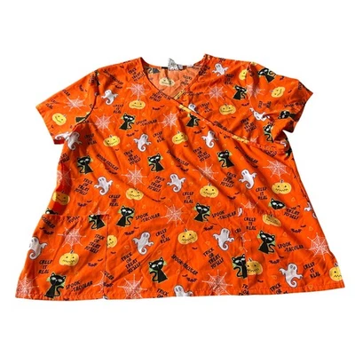 Scrubstar Halloween Scrub Top Womens Size 3XL Orange Short Sleeve Work Shirt - Image 1 of 4
