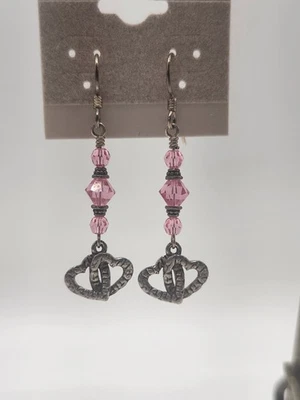 Pink Crystal Heart Dangle Earrings – Romantic Vintage Style Jewelry - Image 1 of 4