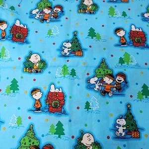 Snoopy Charlie Brown Peanuts Christmas Blue Cotton Fabric 31" x 38" - Picture 1 of 7