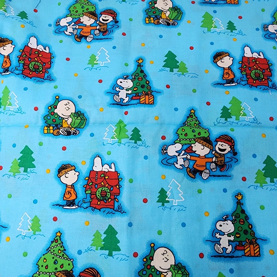 Snoopy Charlie Brown Peanuts Christmas Blue Cotton Fabric 31" x 38" - Image 1 of 4