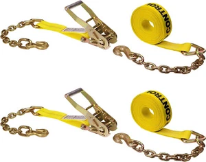 USCC 2" X 27' Ratchet Strap w/Chain Extension - Heavy Equipment - Yellow 2PK - Picture 1 of 9