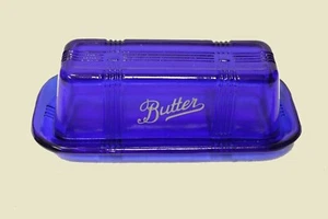 Kobaltblau Glas Butter Geschirr Skript bedruckt geprägt Depression Retro-Stil - Bild 1 von 8