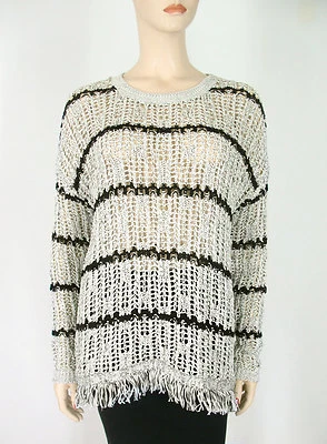 Suéter a Rayas de Terciopelo Tejido Transparente Abierto Marfil Negro Borde con Flecos S $190 9371 Foto 1 de 4