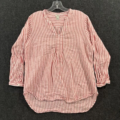 Blusa popover túnica feminina LL Bean listra branca rosa média 100% linho - Imagem 1 de 4