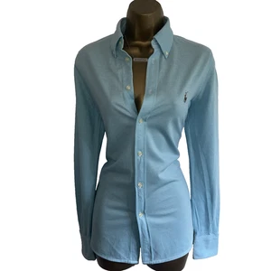 Ralph Lauren Blue Knit Oxford Blouse Shirt Top UK Size 12 - Picture 1 of 8