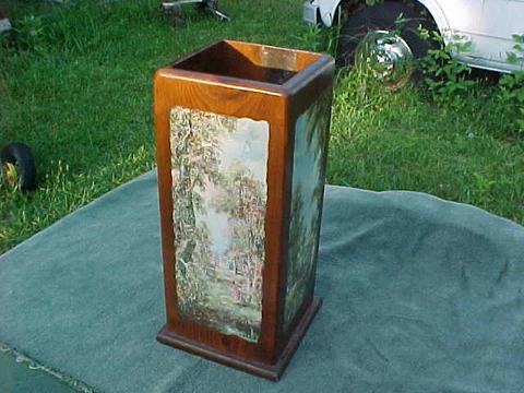 Vintage EVA HOLUSA Handmade Wooden Umbrella Stand E. HOLUSA M. Decopaged Prints Cover