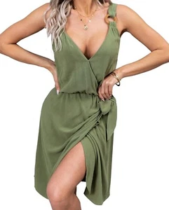 CUPSHE Dress Summer Dress Sexy A Line Vintage Mini V Neck O Ring Wrap Tie Waist - Picture 1 of 9