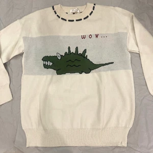 Womens Cotton Crew Neck White Pullover Sweater Crocodile Cartoon Raglan Sleeve - Picture 1 of 13