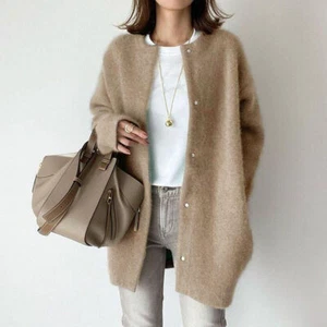 Women's Round Neck Single-Breasted Knitted Cardigan Coat Autumn Winter Jacket - Picture 1 of 20
