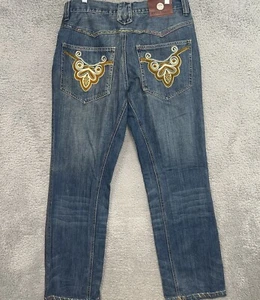 Antik Denim Jeans Mens Sz 36 x 32 1/2 Blue Button Fly Bootcut Embroider Pockets - Picture 1 of 14