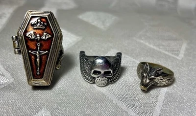 Lot Of 3 Vintage Unique Silver Toned Gothic Women’s Rings - Coffin, Wolf, Skull  - Image 1 of 4