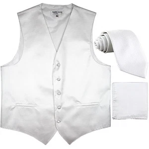 Nuevo Chaleco Esmoquin a Rayas Horizontales para Hombre Chaleco_corbata y Hankie Set Blanco Formal - Imagen 1 de 4