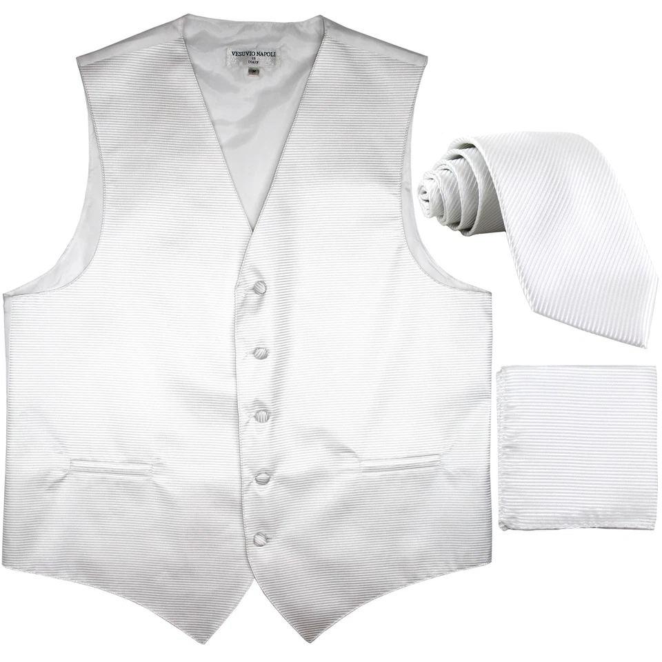 New Men's Horizontal Stripes Tuxedo Vest Waistcoat_tie & hankie Set white formal - Image 1 of 4