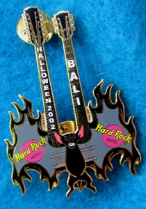 BALI HOTEL HALLOWEEN BLACK VAMPIRE BAT DOUBLE NECK GUITAR 02 Hard Rock Cafe PIN - Picture 1 of 1