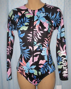 Hurley Women's XL Black Floral L/S One Piece Swimsuit Surf Rash Guard Front Zip - Picture 1 of 3