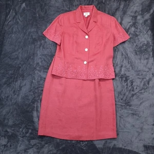 Talbots Skirt Suit Womens 14 Linen Embroidered Set Short Sleeve Formal Classic - Picture 1 of 20