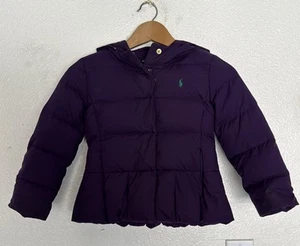 Ralph Lauren Girls Down Puffer Coat Hoodie Jacket Youth Size 6 Purple Ruffle Hem - Picture 1 of 11
