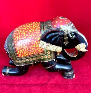 OLD POLYCHROMED WOODEN ELEPHANT FIGURE ELEFANTE - Imagen 1 de 18