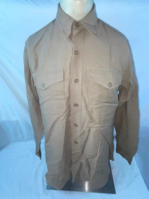 复古 60S 男式 16 LRG TAN GABARDINE 羊毛长袖军事海军服衬衫 — 第 1/4 张图片
