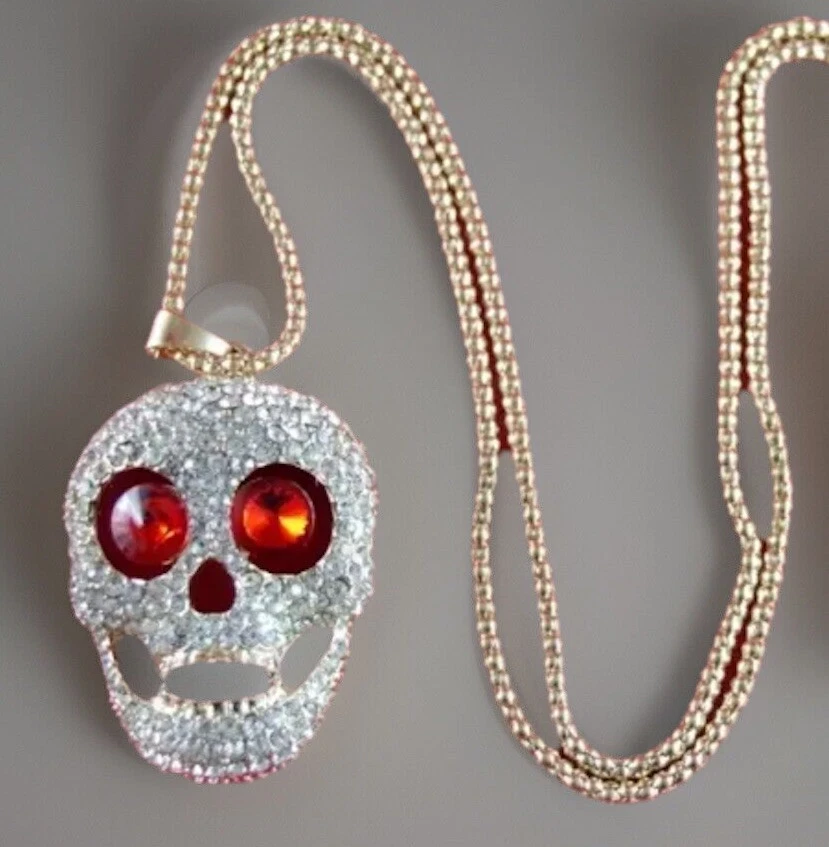 Collar Colgante Cabeza Calavera Esqueleto Ojos Rojos Esqueleto Estrás Betsey Johnson Nuevo con Etiquetas Foto 1 de 4