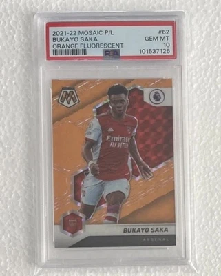 Bukayo Saka PSA 10 2021-22 Mosaic EPL Orange Fluorescent Prizm Arsenal Card #62 - Image 1 of 2