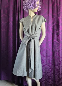 Hobbs Grey Linen Blend Tie Front Dress - Size 16 - Picture 1 of 13