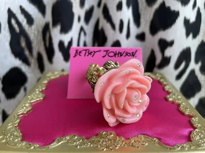 Betsey Johnson Vintage Dollhouse Light Pink Lucite Rose Thorn Stretch Band Ring - Image 1 of 4