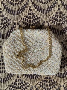 Vintage 60s Sequin Purse 1960s White Sequin Tiny Bag Bridal Wedding Beautiful - Picture 1 of 4