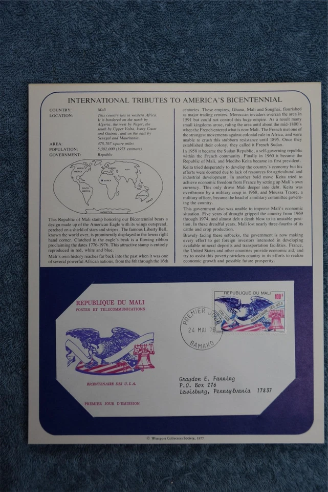 1975 Tributes to America's Bicentennial Souvenir Card - Mali - Image 1 of 1