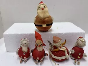 4  Vintage Santa Ornaments Silk Spun Pipe Stems 1 Holding Tinsel Tree GC - Picture 1 of 11