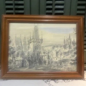 Vintage Charles Bridge Prague Bridge Sketch /watercolor Signed 17x13 Framed - Picture 1 of 5