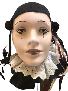 VINTAGE JESTER DOLL FACE MASK HARLEQUIN PORCELAIN BLACK WHITE GOLD RED POMPOM - Picture 1 of 12