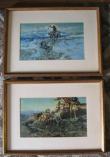 C M Russell Print Two Gold Framed Prints Cowboy with a Steer & Indians SO10