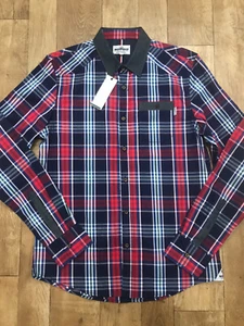Camisa con botones Mish Mash para hombre roja azul a cuadros acabada a mano manga larga A65 - Imagen 1 de 9