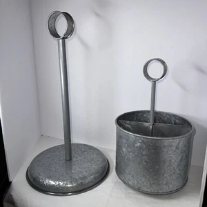 HTF Pottery Barn Galvanized Kitchen Set Paper Towel Flatware Caddy Farmhouse - Picture 1 of 10