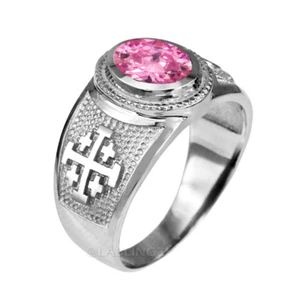 Sterling Silver Jerusalem Cross Pink CZ October Birthstone Ring - Picture 1 of 3