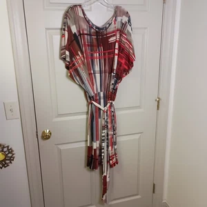Mlle Gabrielle Womens Dress Size 3x Red Blue Geometric Pattern Belted Cap Sleeve - Picture 1 of 7