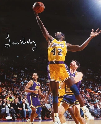 James Worthy Autographed 16x20 In The Air LA Lakers Photo- JSA Authenticated - Image 1 of 4