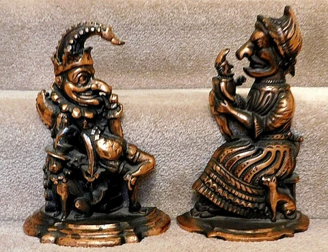 RARE Pair Antique Punch & Judy Bronzed Fireplace Chenets Andirons 12" Tall Cover