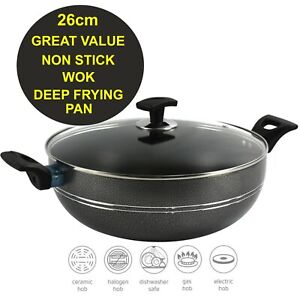 HQ Una 28cm Induction Compatible Non Stick Wok Frying Pan Sauce With Glass Lid
