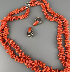 VTG Native American Coral Necklace Earrings Set Sterling Silver 2 Strand Branch - Picture 1 of 14