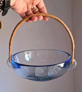 Danish Glass Bowl by Per Lütken for Holmegaard 1962 Blue Ice Rattan Handle  - Picture 1 of 6