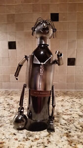 Handmade Soccer Player Wine Bottle Holder Caddy Metal Sculpture Collectible