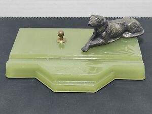 Vintage Cunningham Art Deco MCM Dog Desk Counter Pen Holder Green Slag Glass