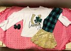 Girls St Patricks Lucky Clover Top + Sequin Flare Pant + Bow Sz 12-24 Months