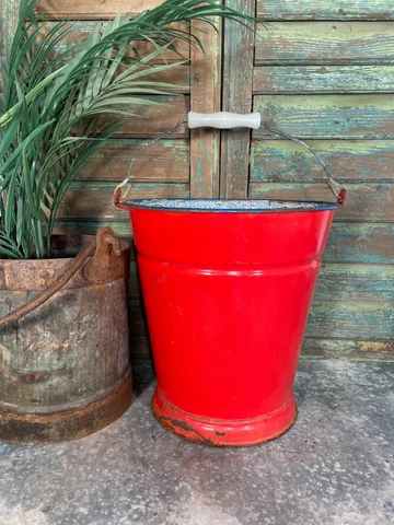 Vintage French Red Rustic Hanging Enamel Milking Bucket Garden Planter Cover