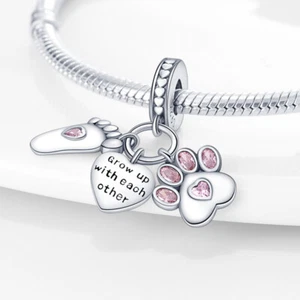 Grow Up With Eachother Dog Paw Baby Foot Footprint Charm Sterling Silver 925 - Picture 1 of 6