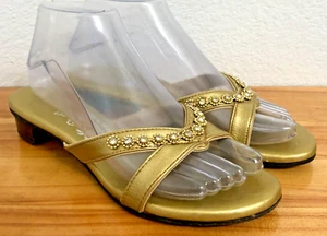 Island Slipper Hawaii GOLDEN Leather Sandals Slides Embellished Women's Size 7 - Picture 1 of 12