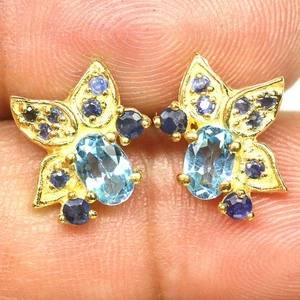 Tailandés Hecho 925 Plata 4x 6Mm. Topacio Azul Cielo & Sapphire Pendientes 18K - Imagen 1 de 4